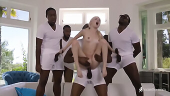 Blonde Beauty Takes Flight In Intense Interracial Gangbang