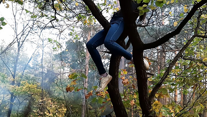 Une Brune Grimpe À Un Arbre Pour Un Frottement Public Et Un Orgasme Caché